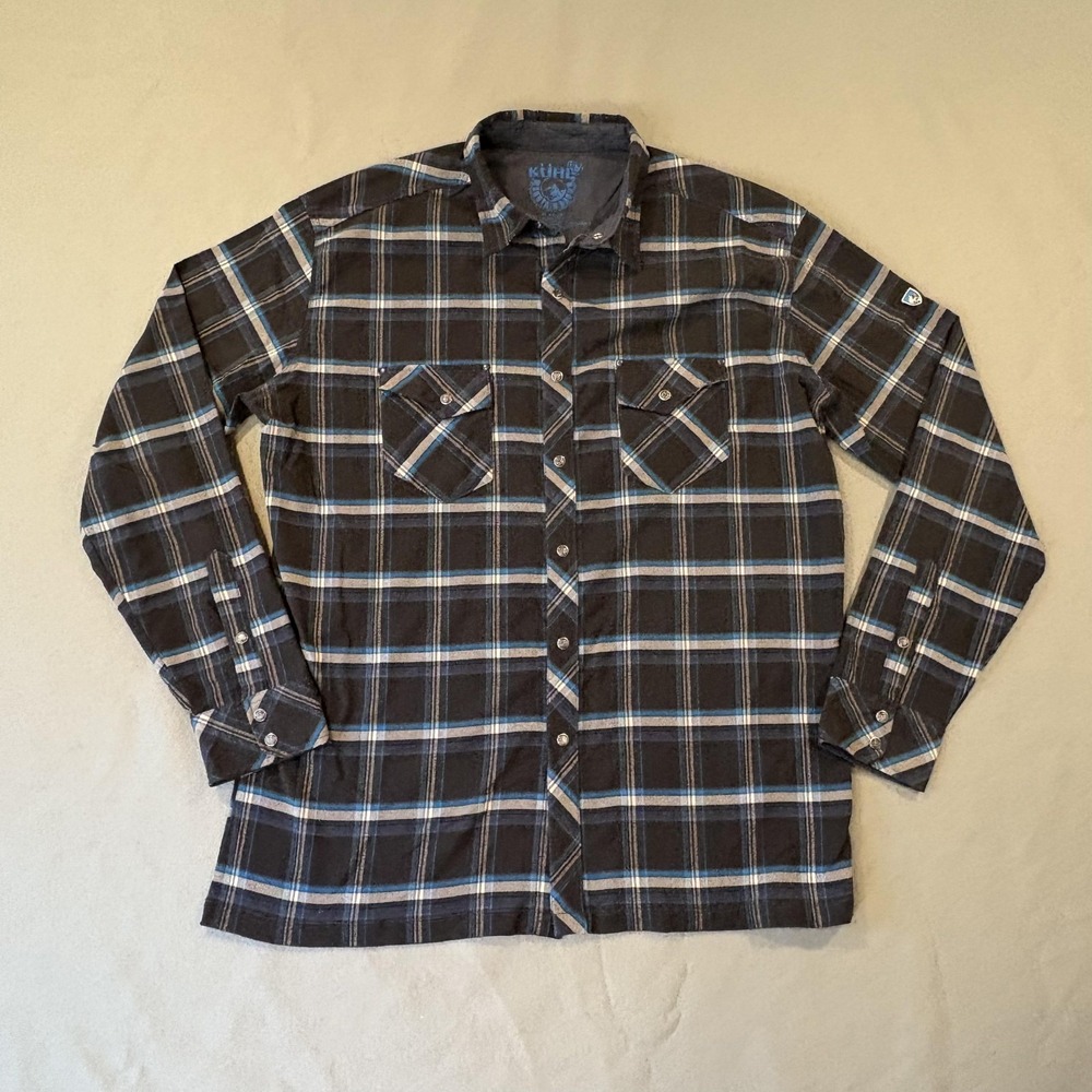 KUHL Shirt Mens XL Black Plaid Long Sleeve Button Up Pockets Polyester‎ Hiking